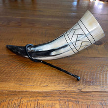 Load image into Gallery viewer, Viking Drinking Horn with Belt Loop and Iron Stand - Scale Pattern