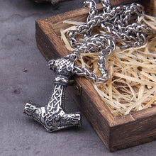 Load image into Gallery viewer, Viking Geri & Freki Wolf Head Thor's Hammer Mjolnir Necklace | Steel Chain