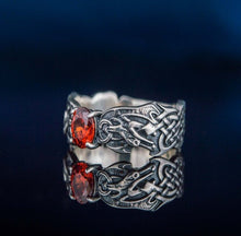 Load image into Gallery viewer, Viking Ring with CZ and Norse Ornament Sterling Silver Viking Ring