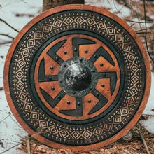 Load image into Gallery viewer, Viking Shield with Carved Kolovrat Symbol