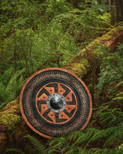 Load image into Gallery viewer, Viking Shield with Carved Kolovrat Symbol