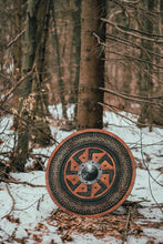 Load image into Gallery viewer, Viking Shield with Carved Kolovrat Symbol