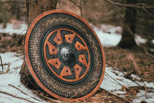 Load image into Gallery viewer, Viking Shield with Carved Kolovrat Symbol
