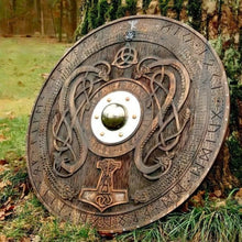 Load image into Gallery viewer, Viking Shield With Carved Norse Runic Ornaments