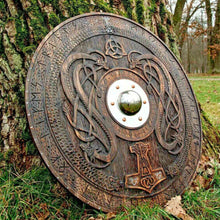 Load image into Gallery viewer, Viking Shield With Carved Norse Runic Ornaments