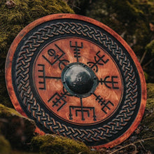 Load image into Gallery viewer, Viking Shield With Carved Vegvisir Viking Compass Symbol