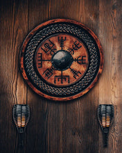 Load image into Gallery viewer, Viking Shield With Carved Vegvisir Viking Compass Symbol