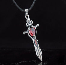 Load image into Gallery viewer, Handcrafted Sterling Silver Viking Sword Pendant | Red Cubic Zirconia