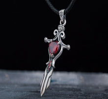 Load image into Gallery viewer, Handcrafted Sterling Silver Viking Sword Pendant | Red Cubic Zirconia