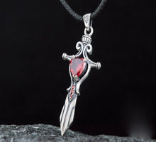 Load image into Gallery viewer, Handcrafted Sterling Silver Viking Sword Pendant | Red Cubic Zirconia