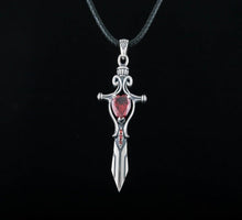 Load image into Gallery viewer, Handcrafted Sterling Silver Viking Sword Pendant | Red Cubic Zirconia