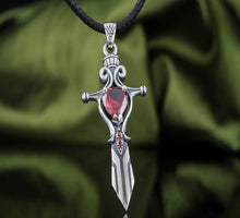 Load image into Gallery viewer, Handcrafted Sterling Silver Viking Sword Pendant | Red Cubic Zirconia