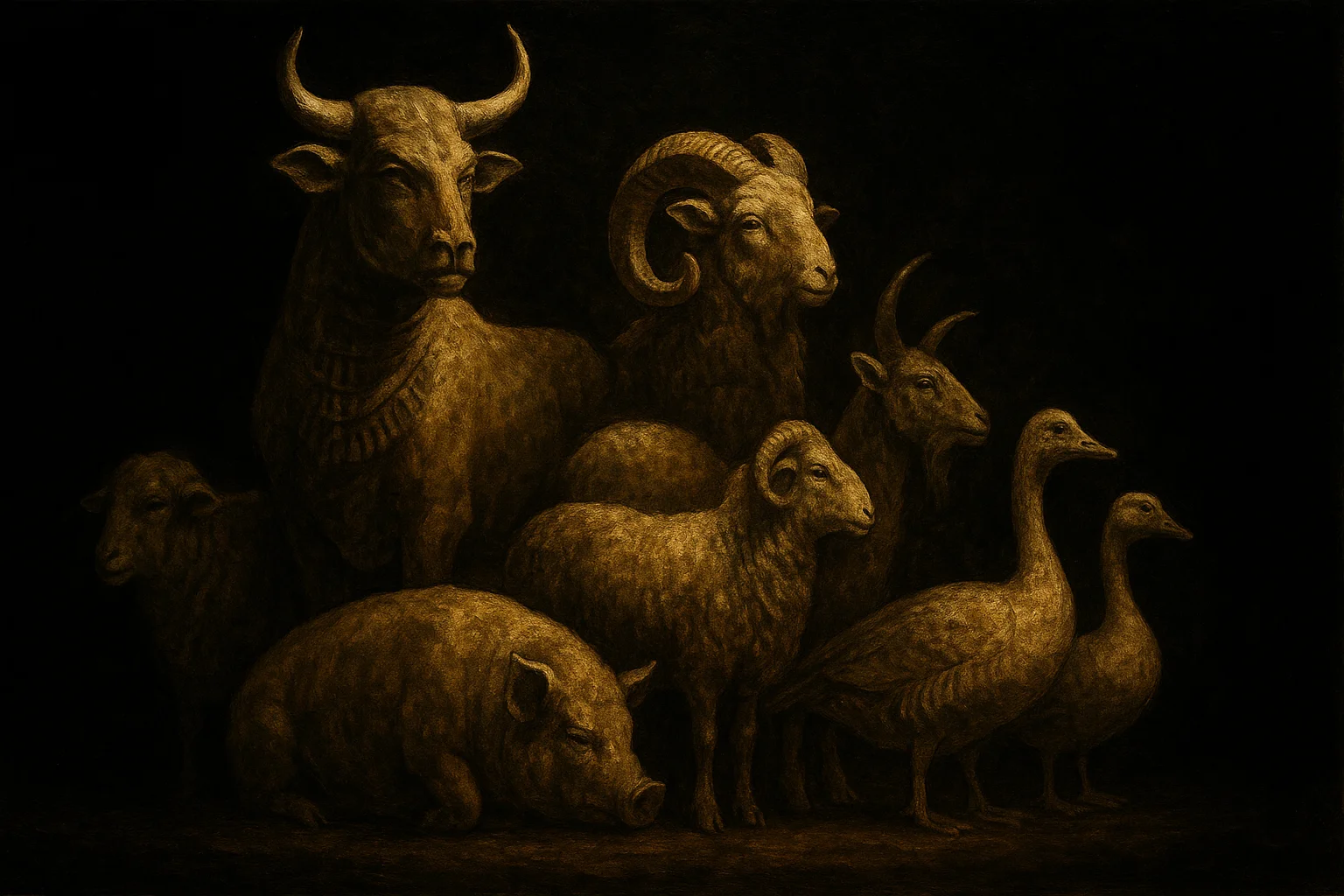 Illustration: Domesticated animals: cattle, sheep, goats, pigs, and geese