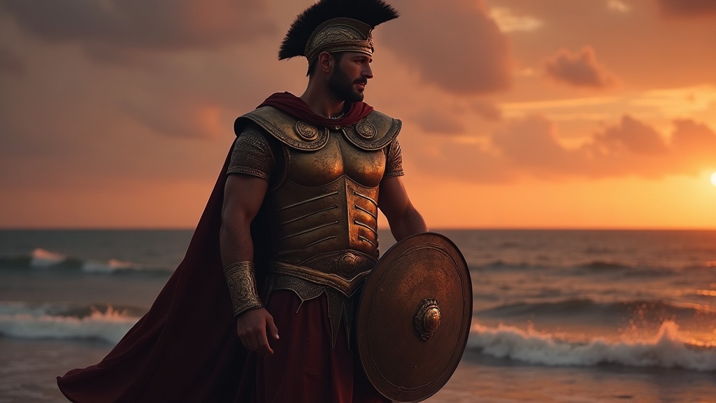 Achilles in bronze armor standing at the shore of the Aegean at dusk
