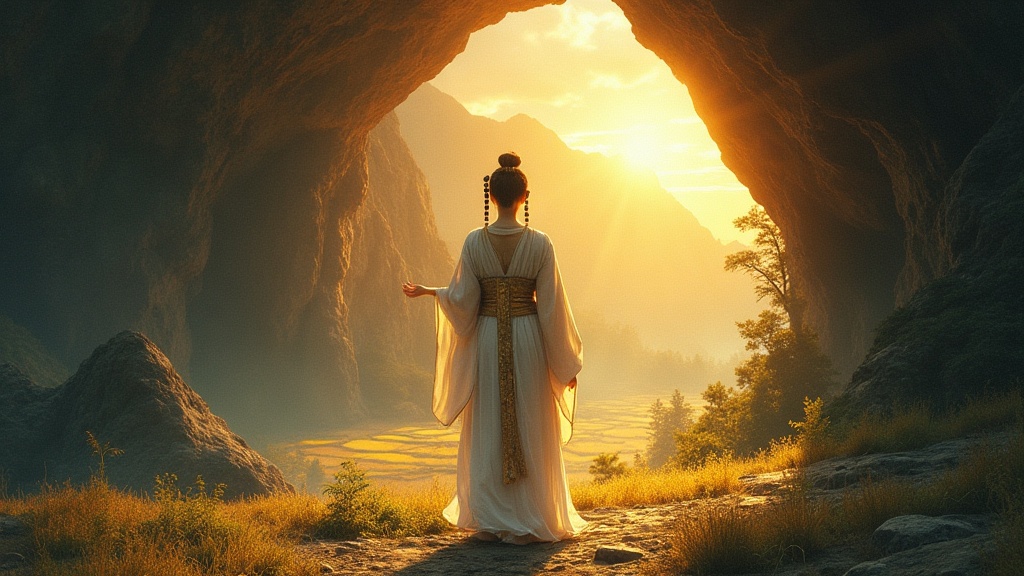 Amaterasu the Japanese sun goddess emerging from the rock cave in radiant golden light