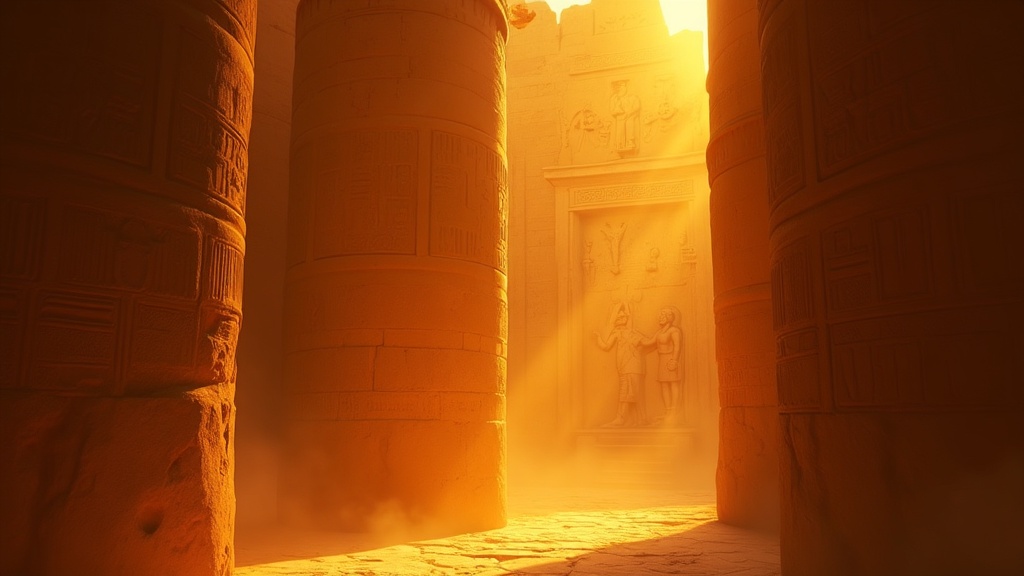 Ancient Egyptian temple relief showing a pharaoh receiving the ankh from a god in golden light