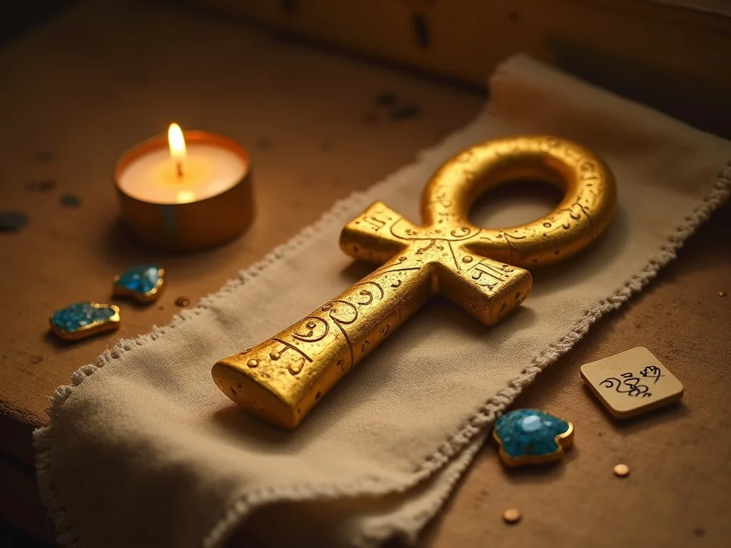 Golden ankh amulet on aged linen with faience beads and papyrus fragments