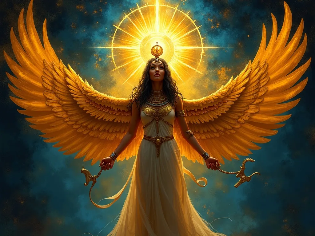 Goddess Isis with spread wings holding a radiant ankh in ancient Egyptian style