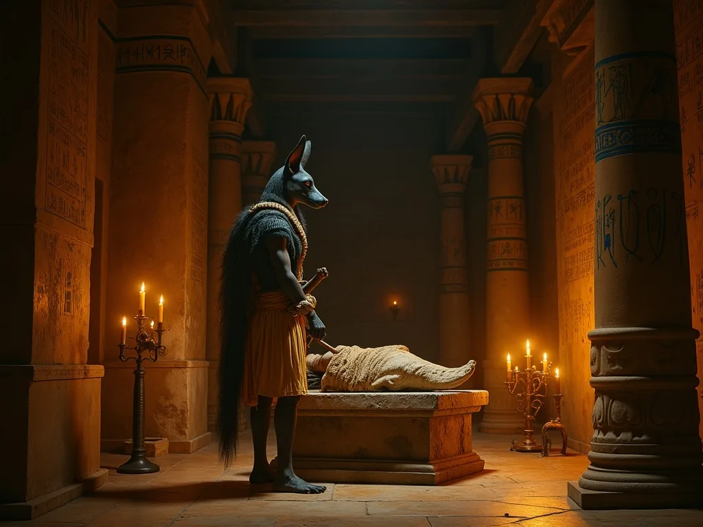 Anubis holding an ankh beside a mummy in a candlelit Egyptian embalming chamber