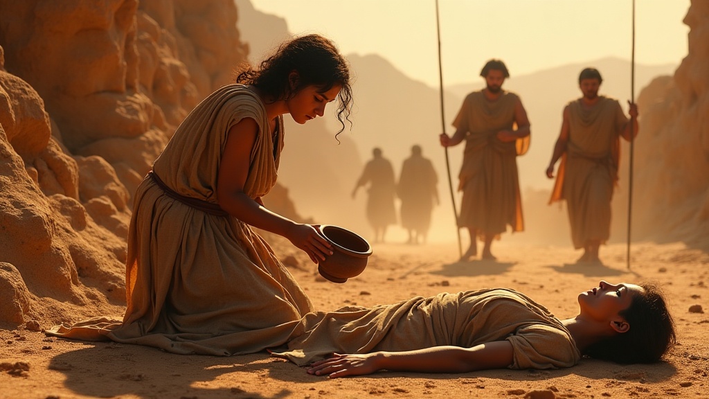 Antigone kneeling over Polynices at dawn, pouring libations before Theban guards arrive