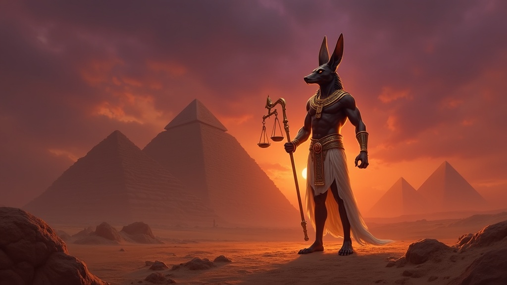 Anubis the jackal-headed Egyptian god standing in a desert necropolis at dusk holding golden scales