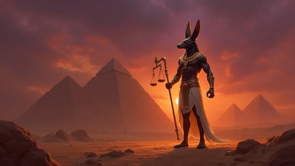 Anubis the jackal-headed Egyptian god standing in a desert necropolis at dusk holding golden scales