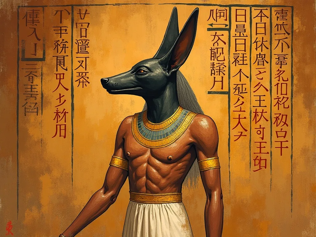 Ancient Egyptian limestone relief of Anubis in profile surrounded by hieroglyphs
