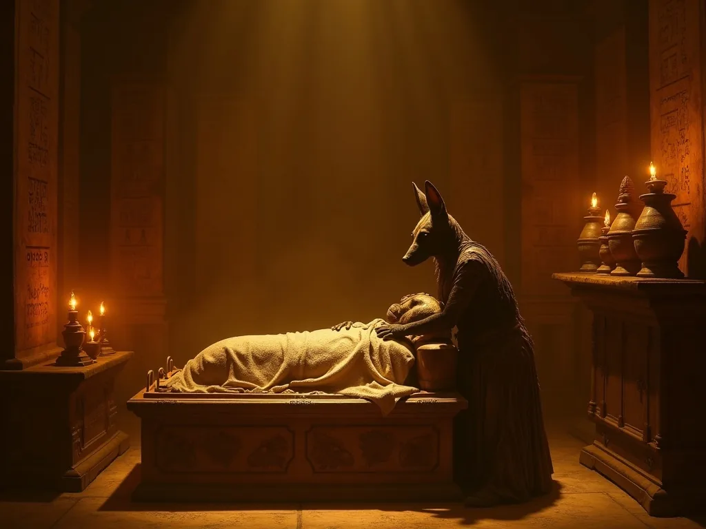 Anubis performing embalming ritual over a mummy on a golden bier in a torch-lit Egyptian chamber