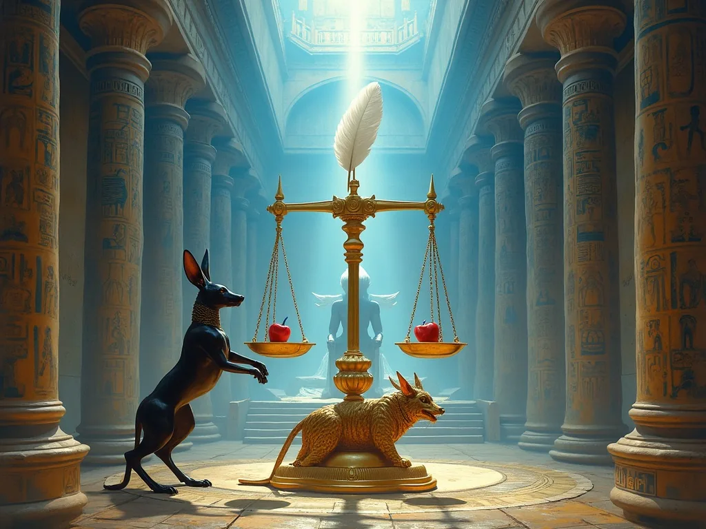 Anubis overseeing the weighing of the heart on golden scales in the Hall of Two Truths