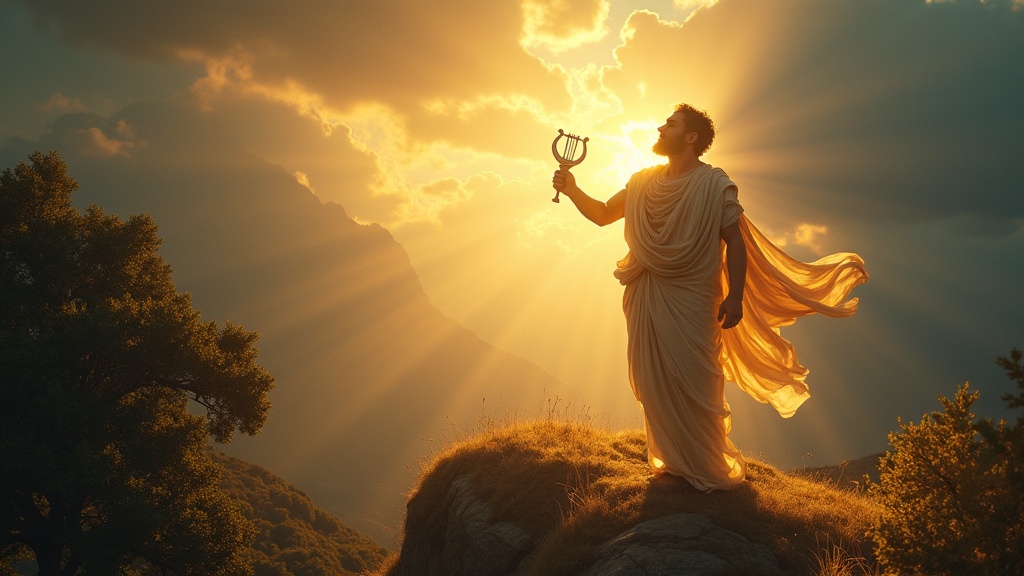 Apollo the Greek god of light standing radiant on Mount Parnassus with lyre and golden aura