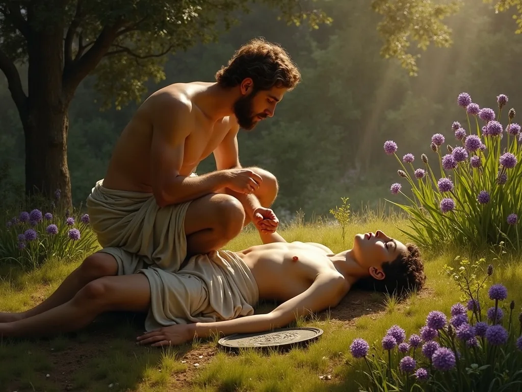 Apollo mourning the dying Hyacinthus as hyacinth flowers bloom around them