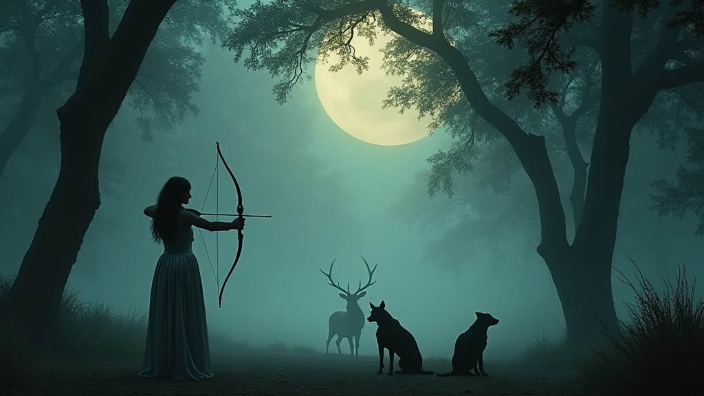 Artemis goddess of the hunt drawing her silver bow in an ancient forest at dawn