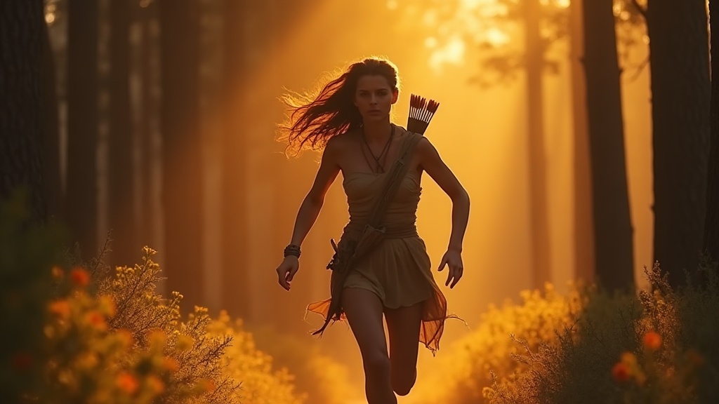 Atalanta the swift huntress running through an ancient Greek forest at golden hour