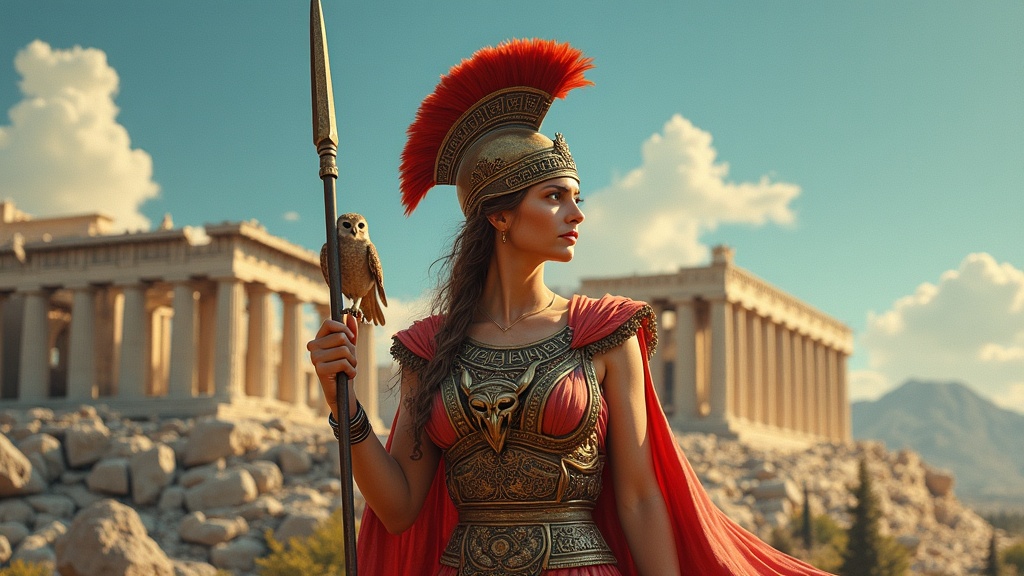 Athena goddess of wisdom standing armored on the Acropolis with owl and spear
