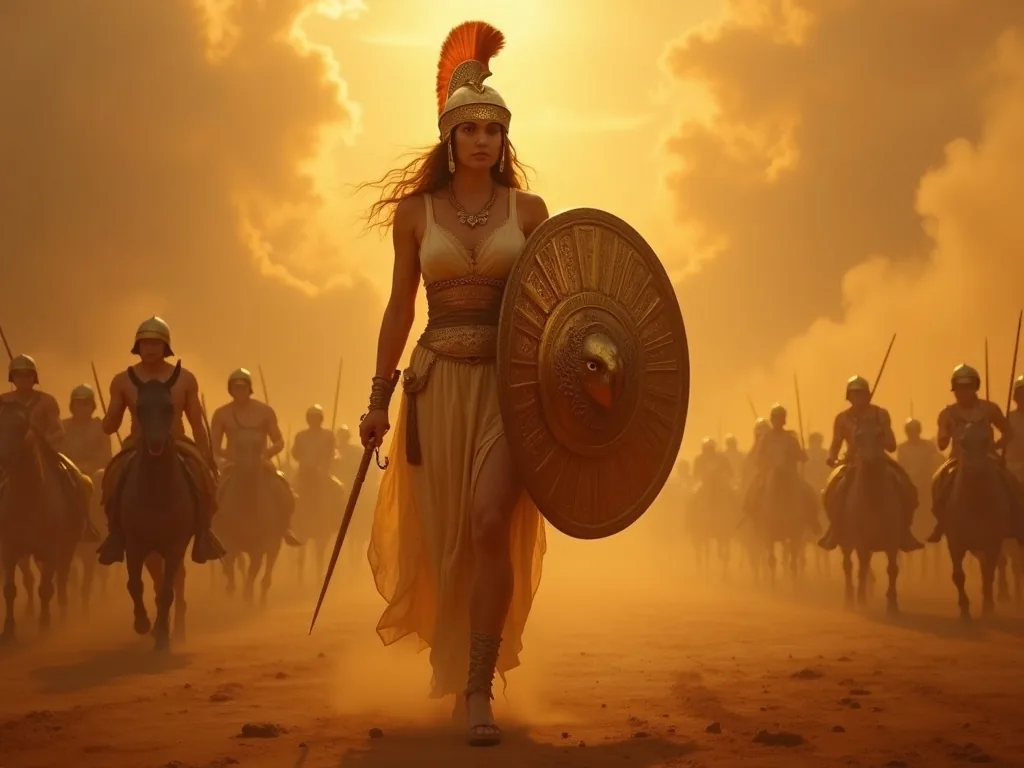 Athena as warrior goddess striding across an ancient Greek battlefield