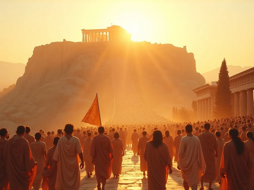 The Panathenaic procession ascending the Acropolis toward the Parthenon in ancient Athens