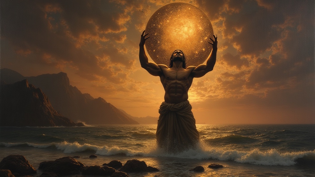 Atlas the Titan holding the celestial heavens at the edge of the world, painted in a dramatic Romantic style