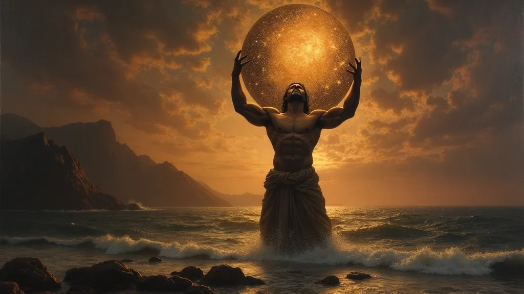 Atlas the Titan holding the celestial heavens at the edge of the world, painted in a dramatic Romantic style