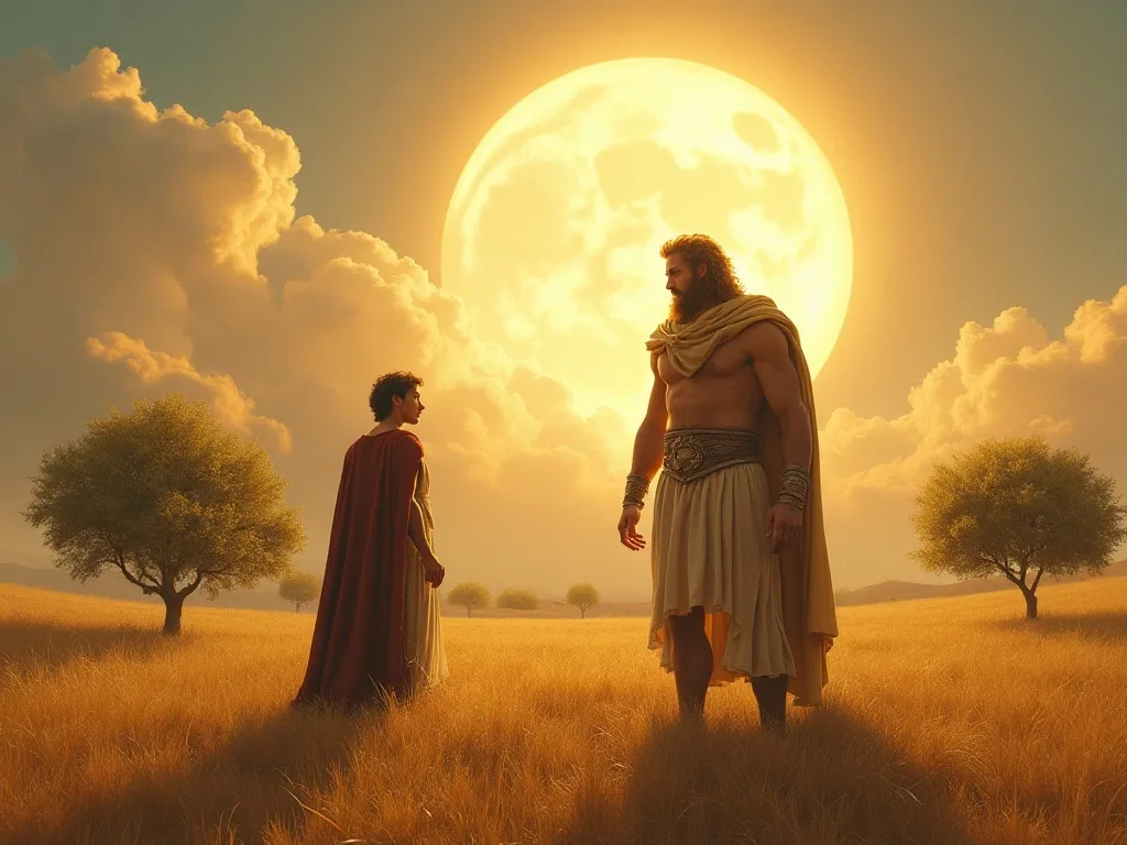 Herakles temporarily holding the sky while Atlas retrieves the golden apples