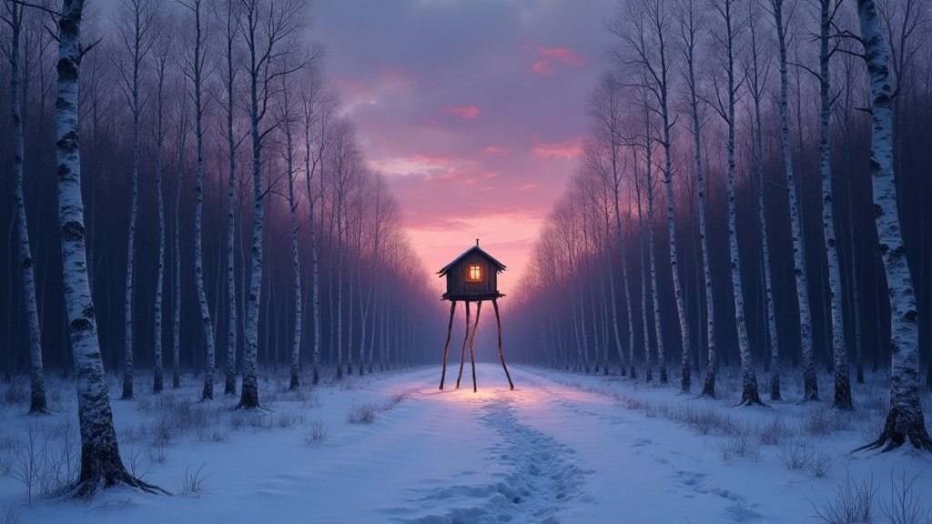 Baba Yaga's hut on chicken legs standing in a dark primeval Slavic forest at dusk