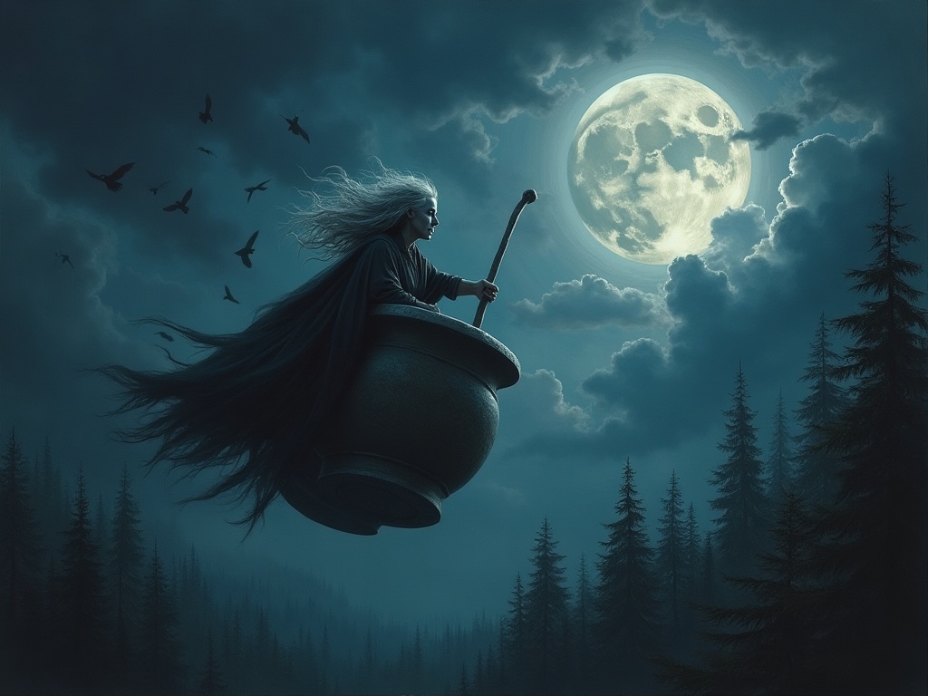 Baba Yaga flying through a night storm in her mortar and pestle