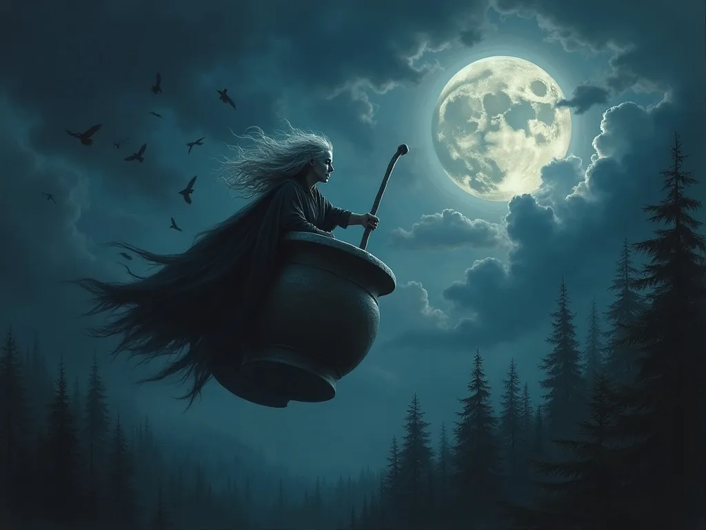 Baba Yaga flying through a night storm in her mortar and pestle