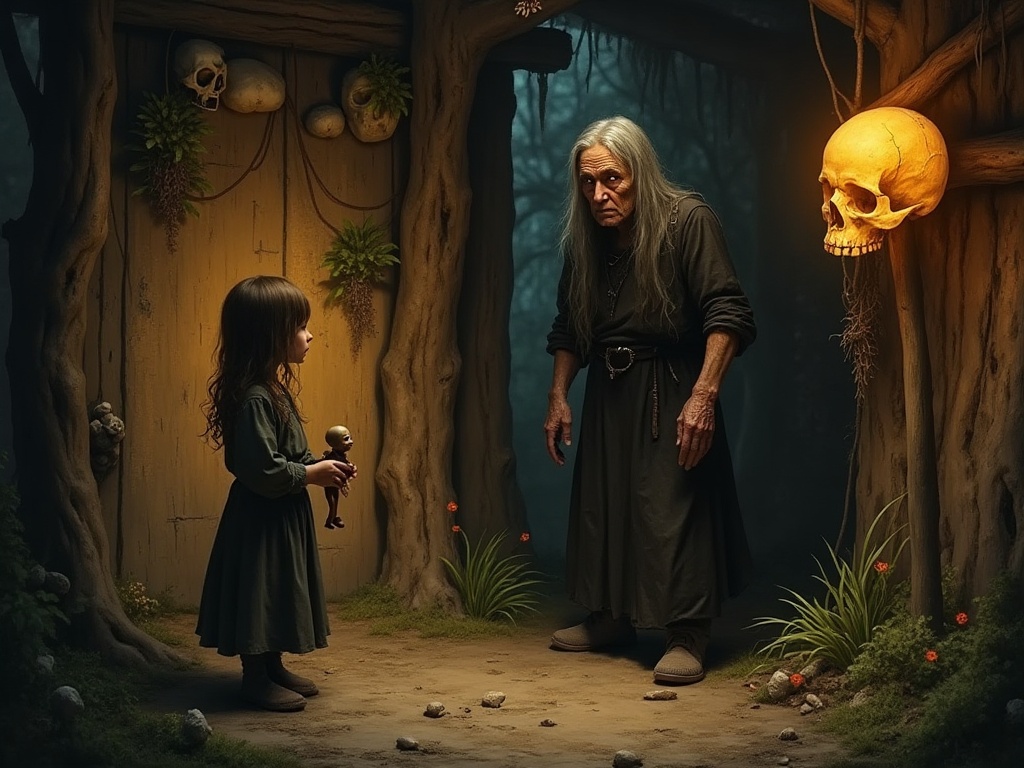 Vasilisa the Beautiful facing Baba Yaga inside the forest hut, holding a glowing skull