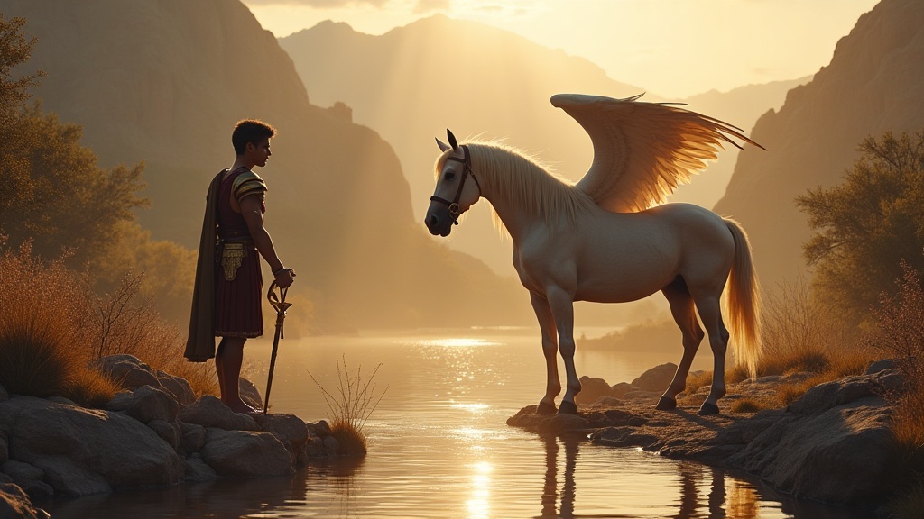 Bellerophon holding the golden bridle beside Pegasus at the spring of Pirene