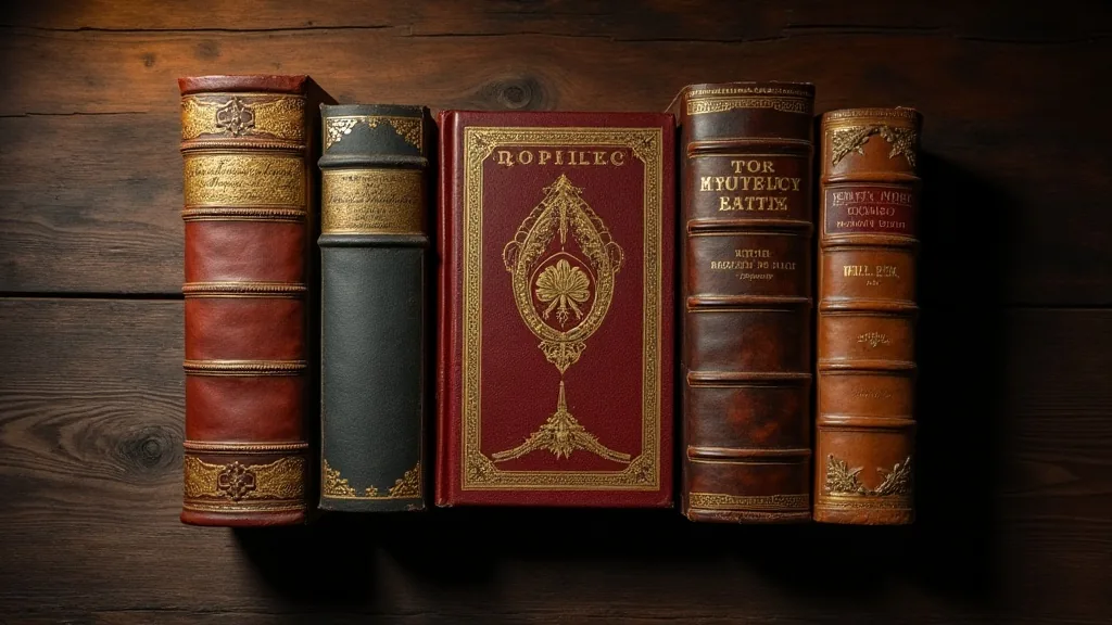Five leather-bound mythology books arranged on a dark walnut desk in warm candlelight