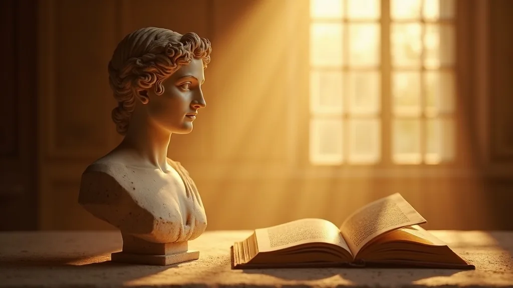 Weathered marble bust of Athena beside an open ancient book in warm golden window light