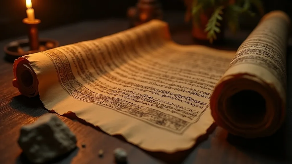 Ancient Egyptian papyrus scroll partially unrolled beside a weathered Viking rune stone fragment in warm candlelight