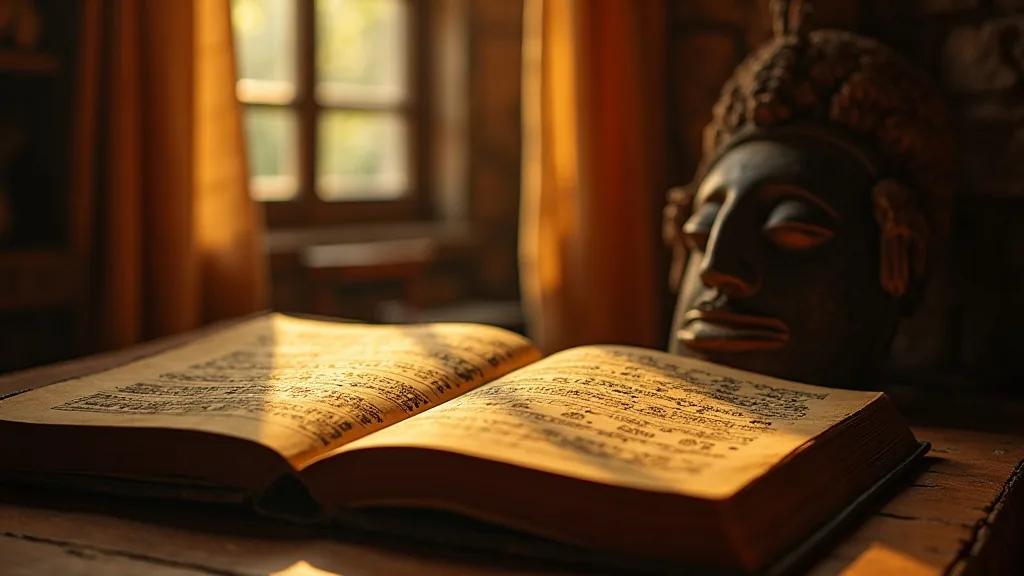 Open Maya codex with painted glyphs beside a carved Yoruba wooden mask in warm golden light