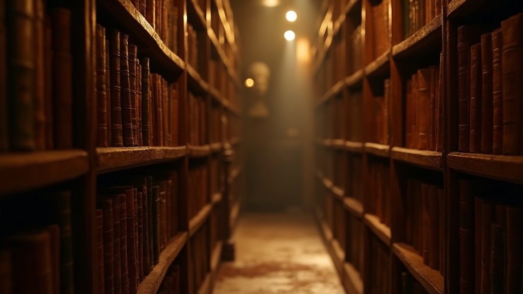 An ancient oak library lit by warm candlelight, leather-bound mythology books stacked on shelves with a marble bust softly out of focus