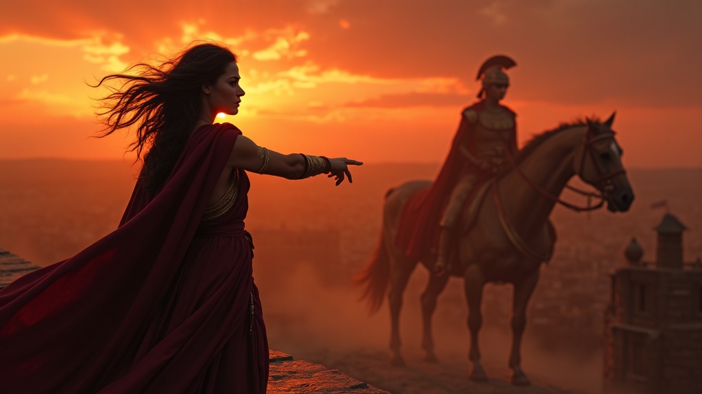 Cassandra on the walls of Troy, pointing at the wooden horse as the city burns behind her